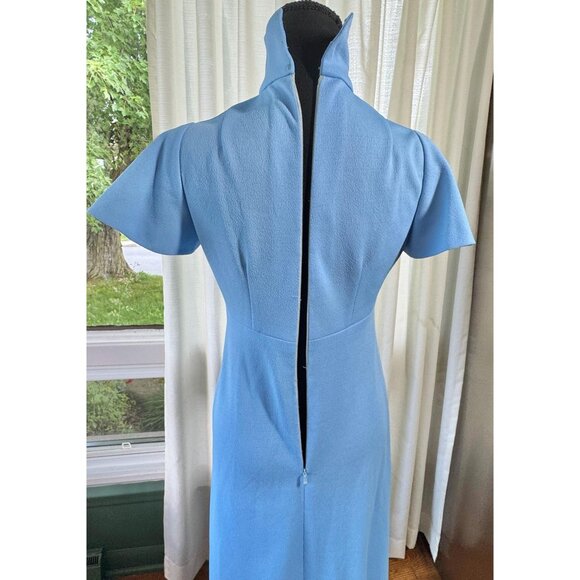 Vintage 60s dress, sky blue, Mod minimalist gown, high neck, flutter sleeves - Picture 8 of 10